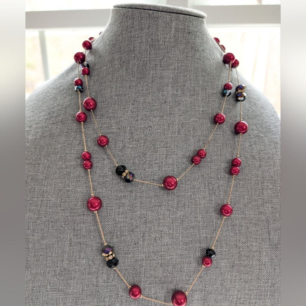 Coldwater Creek Long Cranberry Red Elegant Glass Beaded Chain Necklace